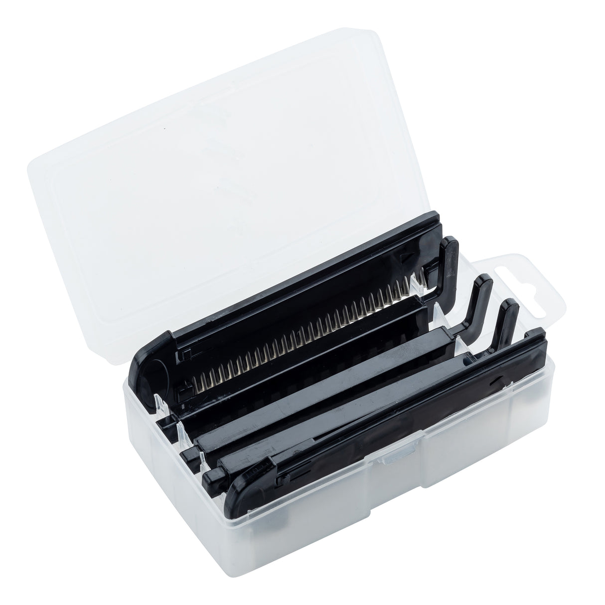 A clear plastic storage box with a hinged lid holds several black razor comb attachments or clipper guards, neatly arranged in parallel rows. Similar to a Mandoline Slicer Set, it helps keep stainless steel blades included organized in separate compartments.