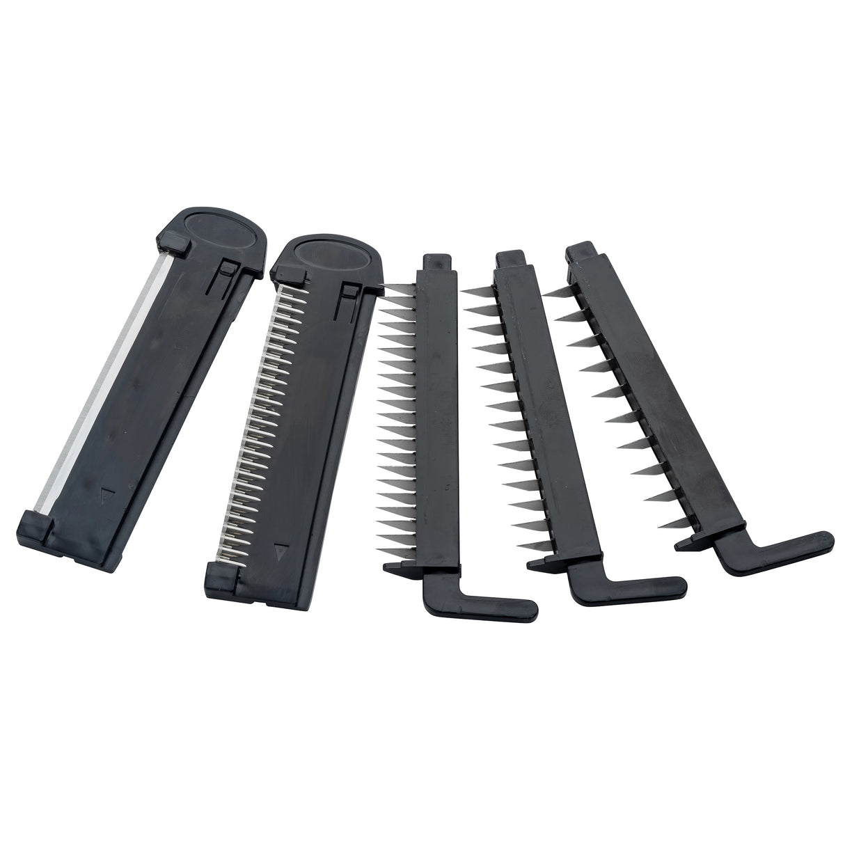 Four black plastic guides, designed for the TableCraft Mandoline Slicer Set, feature angled, evenly spaced stainless steel spikes and slots. Each guide has a handle and a rectangular, flat section holding the spikes, arranged parallel on a white background.