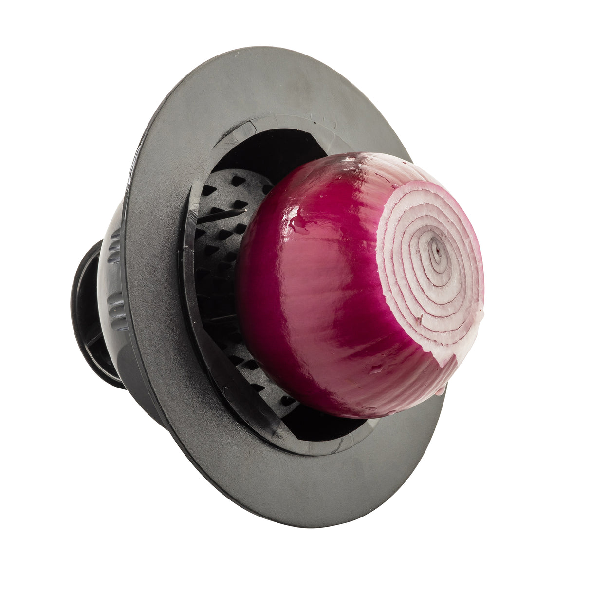A half-peeled red onion sits inside a black plastic vegetable chopper with stainless steel circular blades. The white background highlights the device, which appears ready to chop the onion when pressed down.