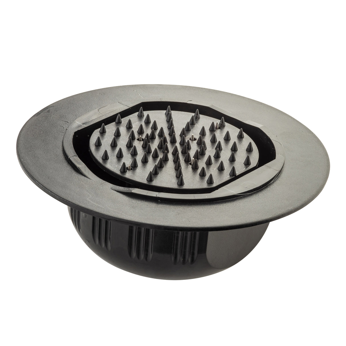 A black plastic bowl with a wide rim and a removable inner tray featuring pointed spikes arranged in rows. This TableCraft accessory is ideal for separating or cleaning items, possibly used alongside a Mandoline Slicer Set for washing vegetables or roots.