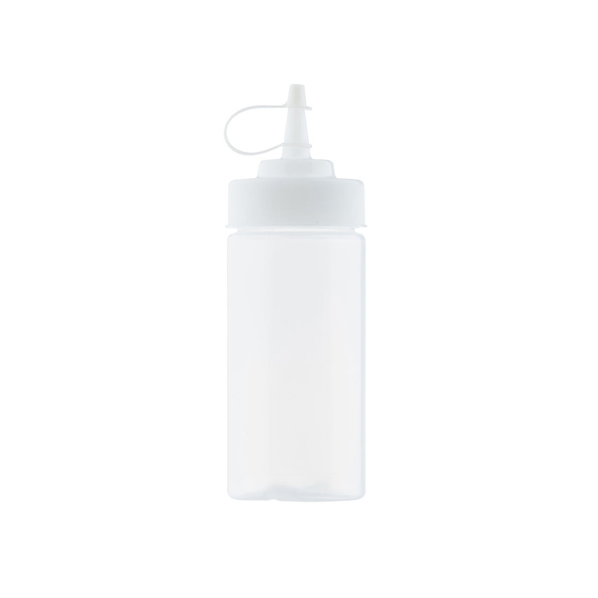 A clear, empty polyethylene WideMouth Squeeze Bottle with a white, pointed nozzle cap. The cap features a small attached lid that covers the tip, and the bottle stands upright on a white background. Dishwasher safe for easy cleaning.