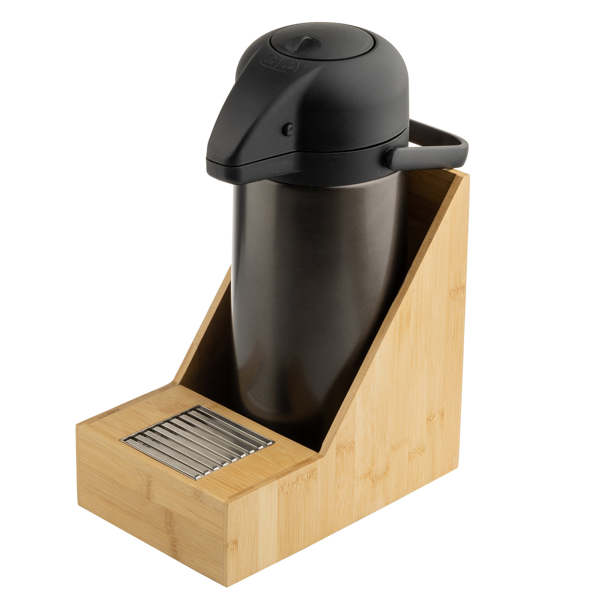 A stainless steel airpot with a black lid and handle sits in a bamboo Single Airpot Rack. The angled holder features a front compartment with stir sticks and pairs perfectly with a stainless steel drip tray for convenient beverage service.