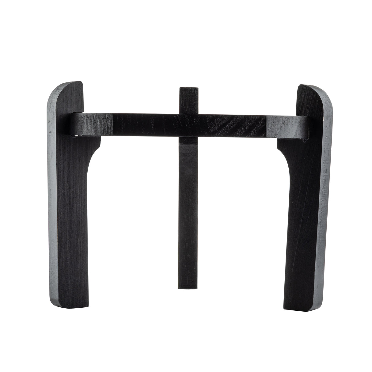 A black painted wood stand with two upright curved legs, a horizontal bar, and a central vertical support at the back. This minimal, modern TableCraft stand is designed to hold objects like bowls, plates, or even a glass beverage dispenser.