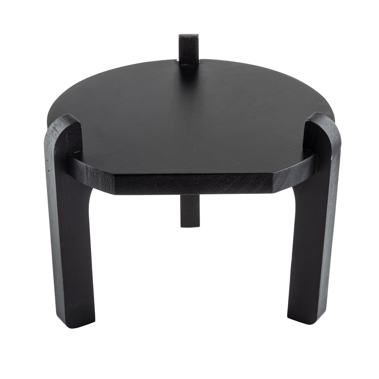 A modern, round, black painted wood stand with three thick, curved legs that extend above the tabletop for a bold, sculptural look. Perfect as a side table or TableCraft stand, it’s photographed against a white background.