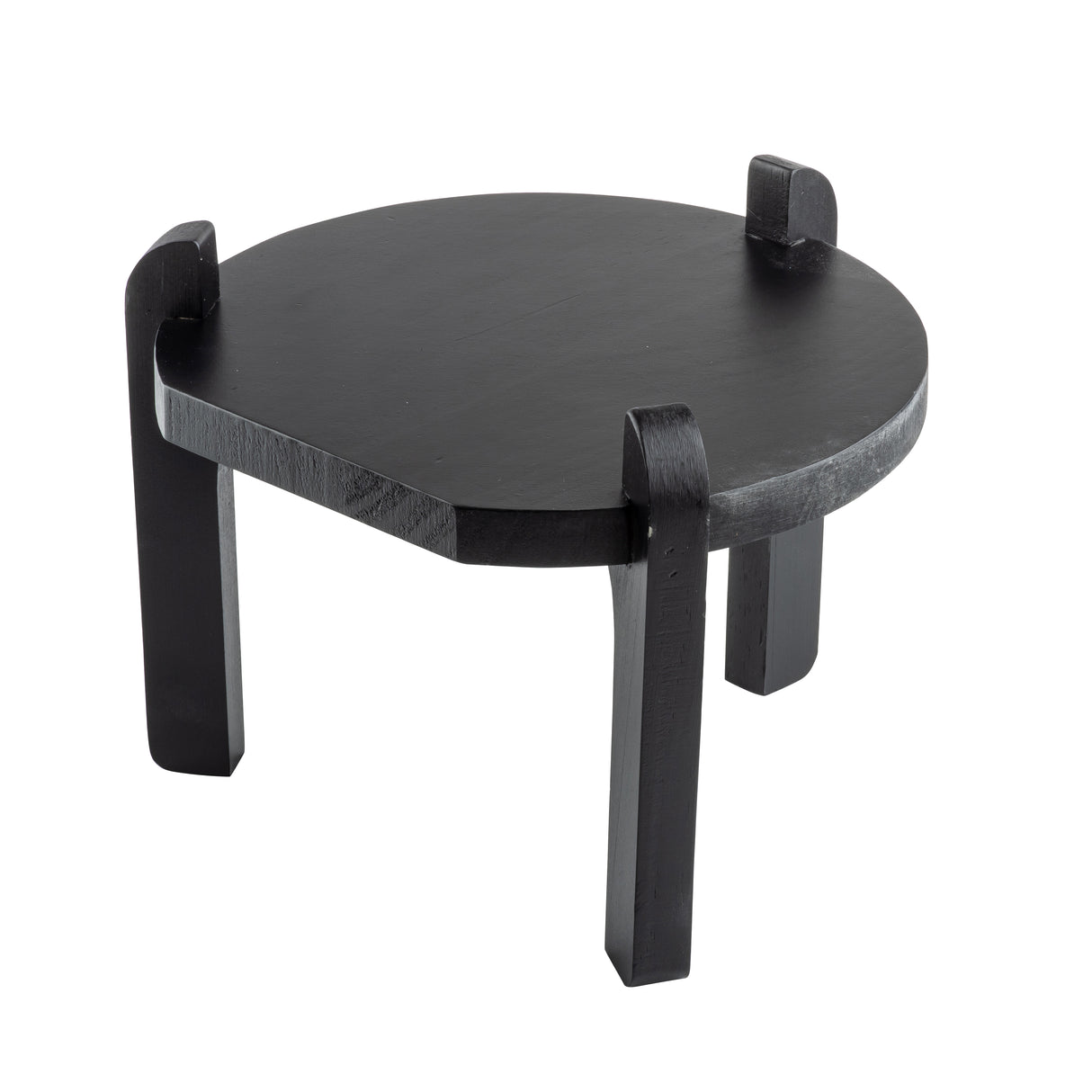 A small, round, black painted wood stand with three thick, rectangular legs that extend slightly above the tabletop. The modern, minimalist design features a smooth finish and low profile, ideal as a TableCraft stand against a white background.
