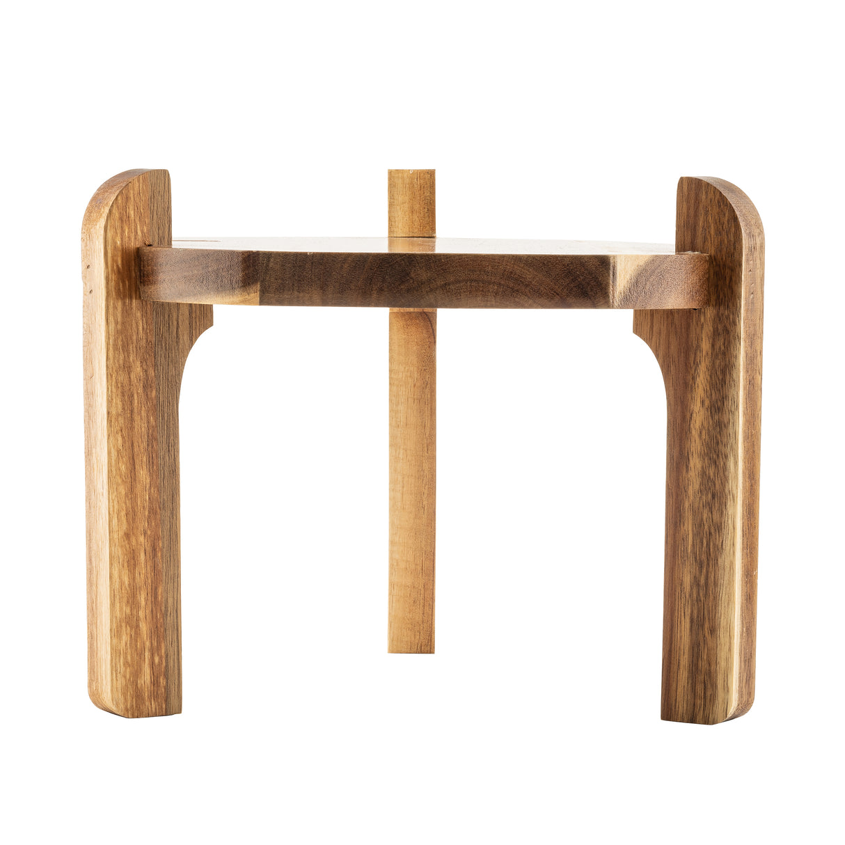 A small, minimalist wooden stool with a flat seat, straight lines, and rounded edges. Crafted from natural acacia wood with visible grain patterns, this modern piece features three thick legs and is photographed on a white background.