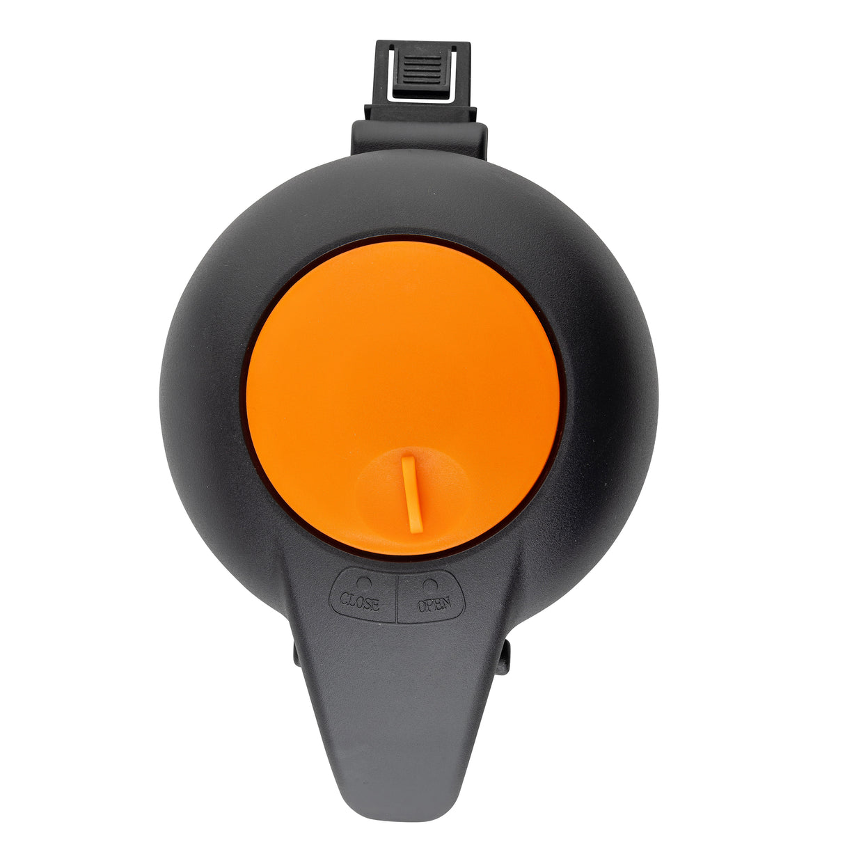 A black circular plastic device with an orange dial and a small orange handle, designed as a decaf lid for Airpots 12658-12661. Raised CLOSE and OPEN labels show the function. An orange push insert is at the center, shown from above on a white background.