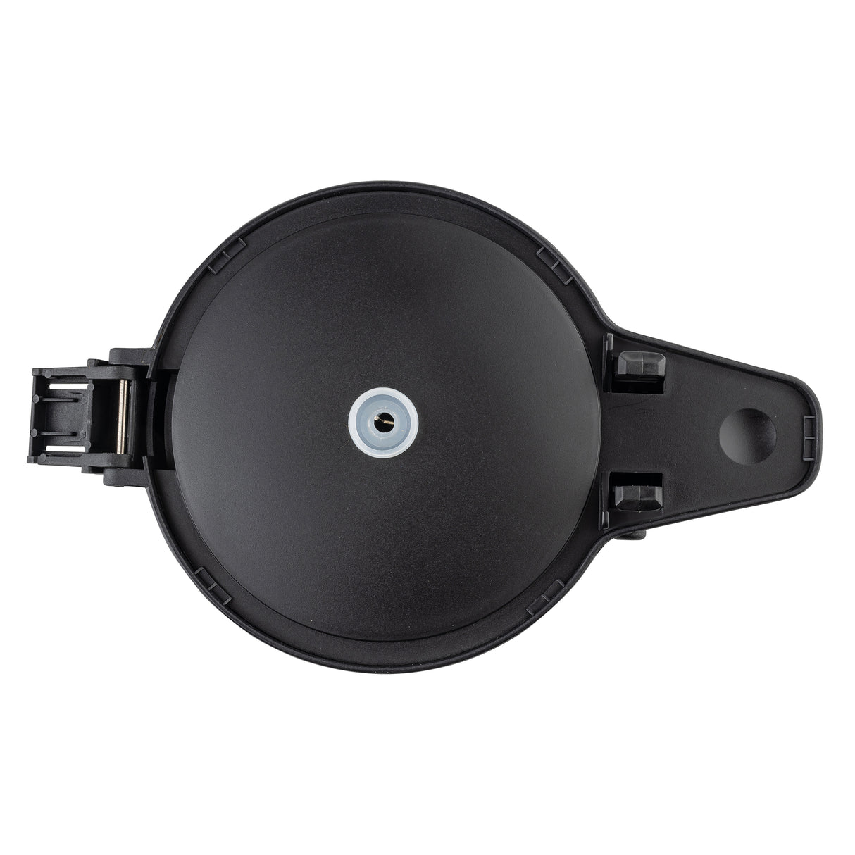 A black, round, plastic decaf lid container with a hinged lid is shown from above. The lid features a small silver-colored circular center and an orange push insert, with the hinge and latch visible on the left side.