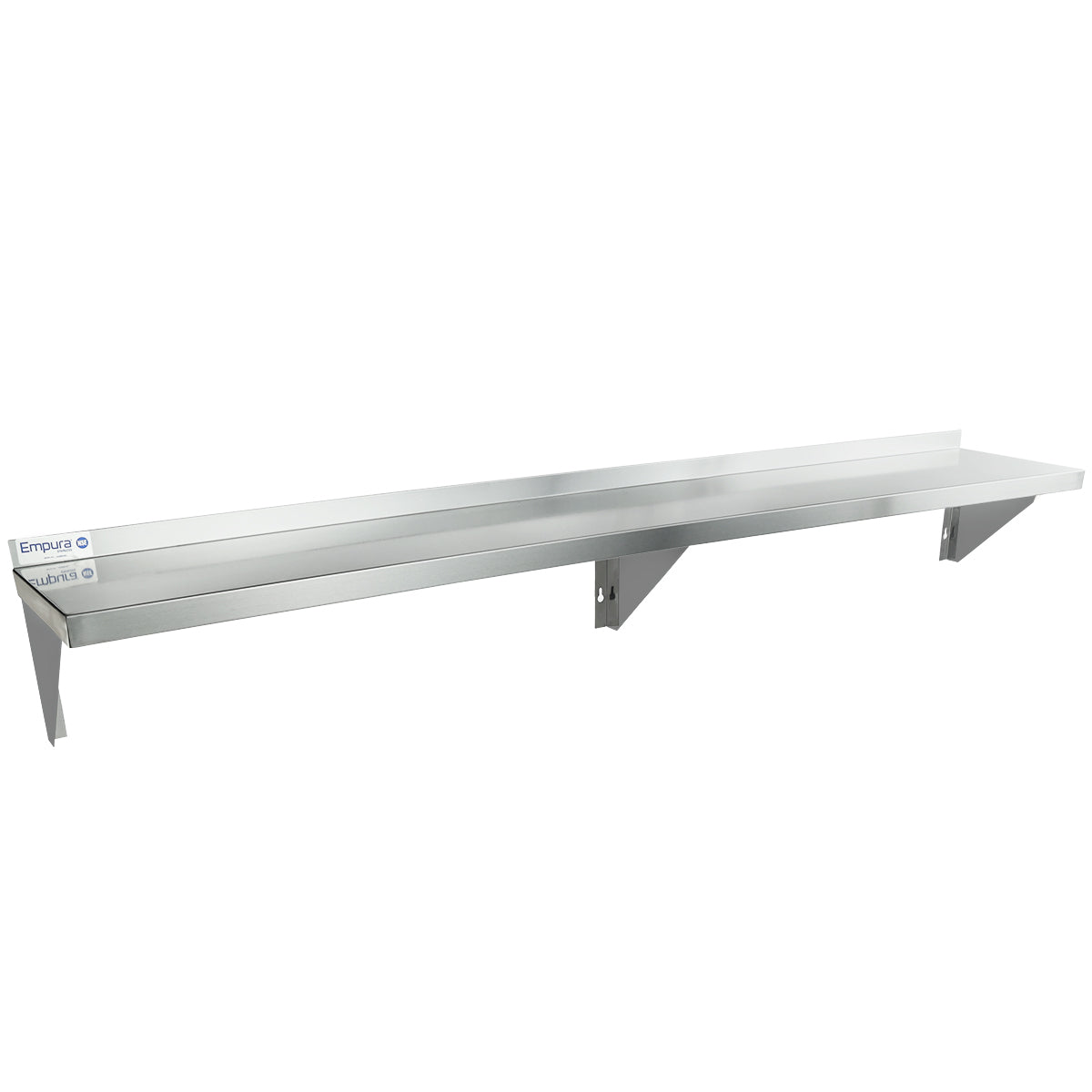 A long, silver NSF stainless steel shelf with a raised back lip and two sturdy triangular brackets for support, mounted against a plain white background. The wall mount storage shelf features a smooth, reflective finish.