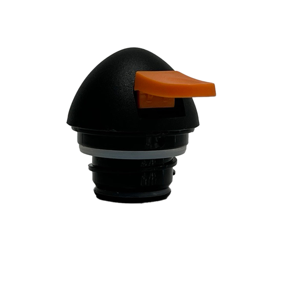 A black, dome-shaped Decaf Lid bottle stopper made from ABS, featuring an orange lever on top. The ribbed lower section and white sealing ring are designed for a secure fit. From TableCraft Products. Background is plain white.