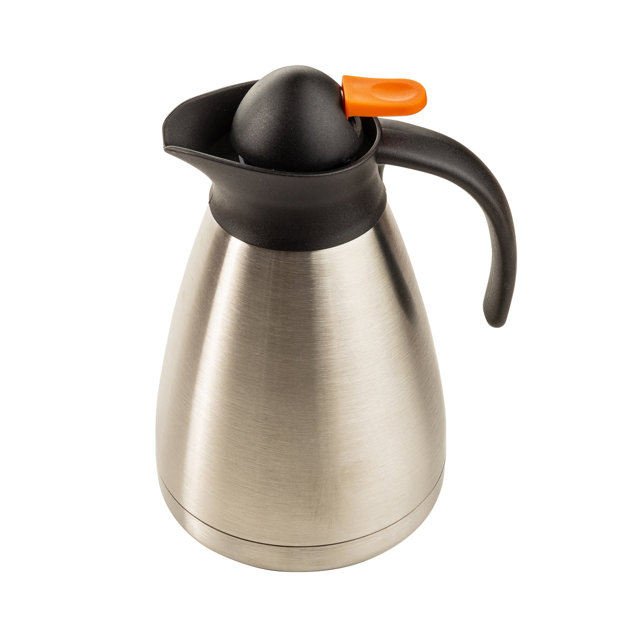 A stainless steel thermal coffee carafe with a black handle and spout, featuring an orange Decaf Lid push-button on the ABS lid. This TableCraft carafe has a wide base and sleek, modern design, set against a white background.