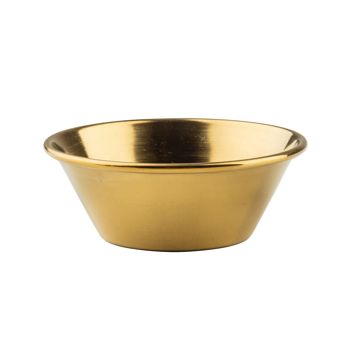 A shiny, metallic gold bowl with a wide rim and sloping sides sits on a plain white background. Crafted as a stainless steel ramekin with a lustrous gold PVD finish, its reflective surface shows subtle highlights and shadows.