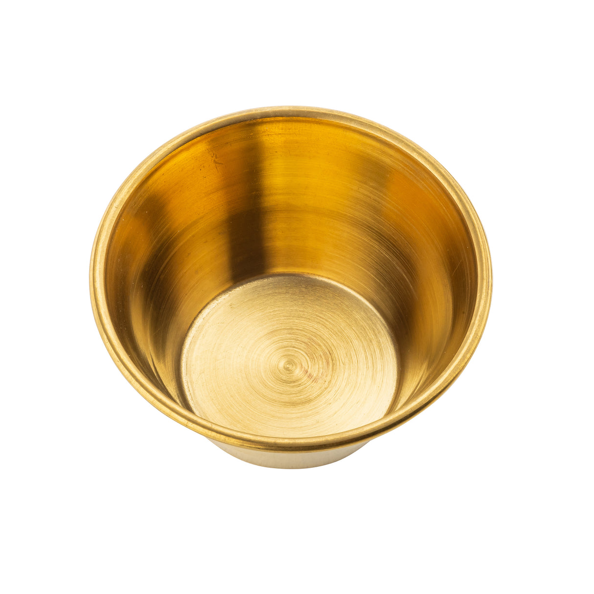 A shiny, gold-colored stainless steel ramekin viewed from above, showing its smooth, circular interior and reflective surface. The cup has no handles or decorations and is set against a plain white background.