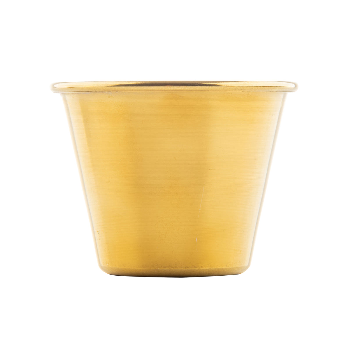 A small, shiny ramekin with a gold PVD finish and smooth sides sits centered on a white background. The stainless steel cup features a simple, modern design with a slightly flared rim and no visible handles or decorations.