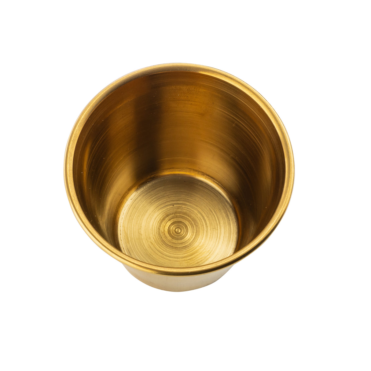 A gold PVD finish stainless steel ramekin is shown from above against a white background. The 2-1/2 oz ramekin has smooth, shiny sides and a circular base with concentric ring patterns, giving it a polished, elegant appearance.