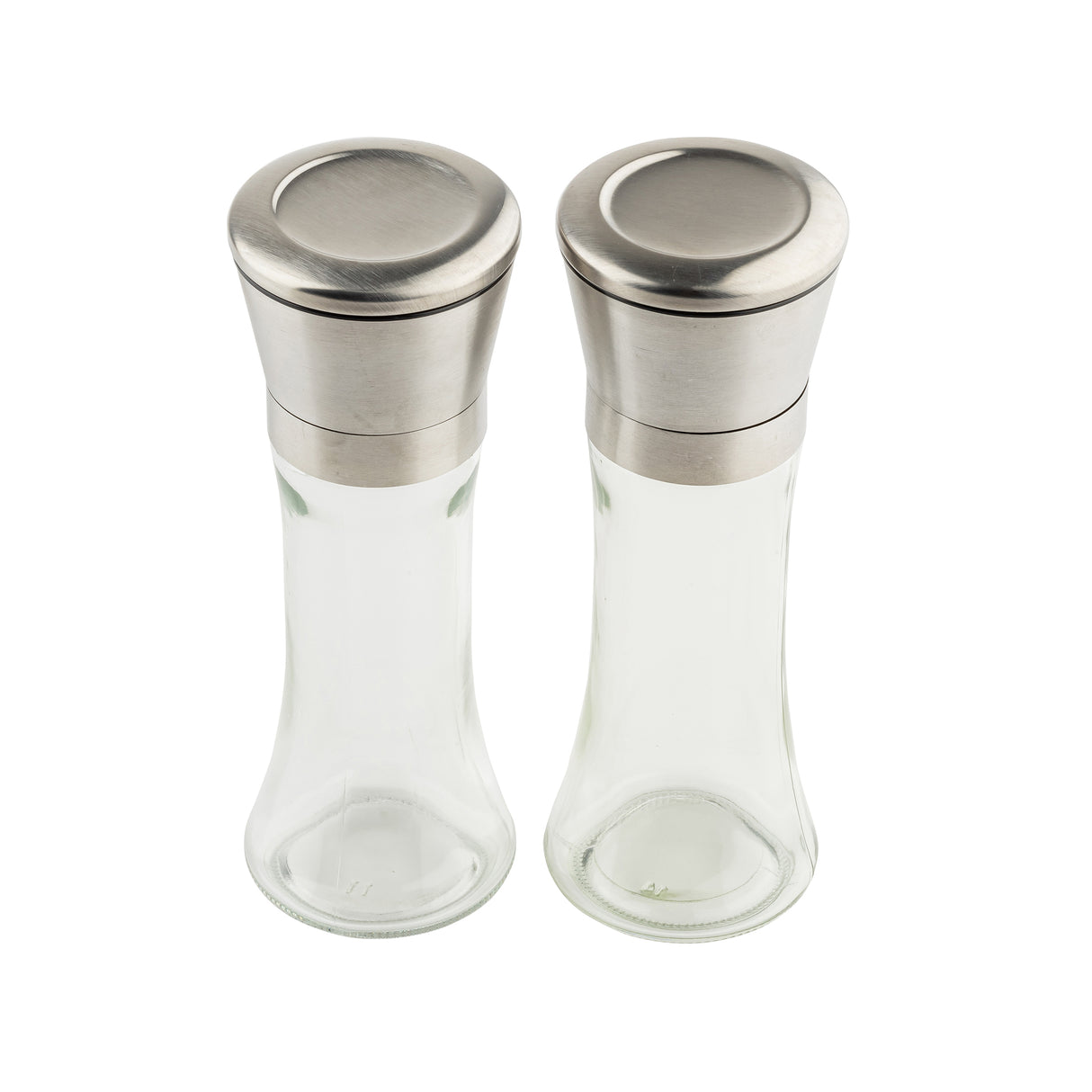 Two clear glass shaker bottles from TableCraft Products, with silver metallic lids, sit side by side on a white background. These glass salt and pepper mills feature a modern, minimalist design with smooth edges and flat-topped lids.