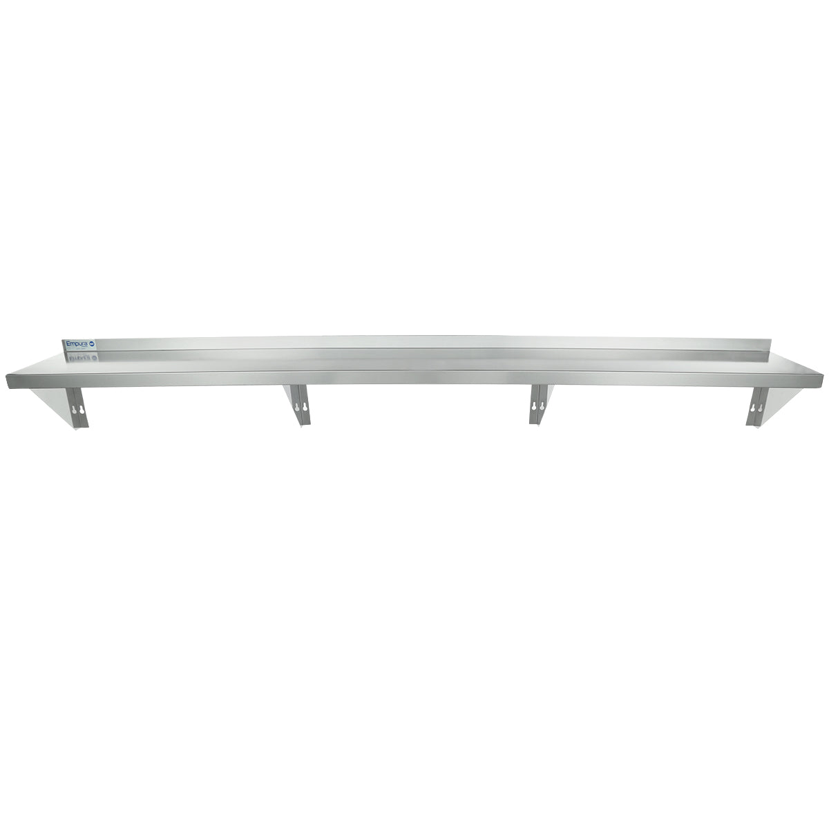 A long, silver stainless steel shelf with a flat surface and a raised back edge. This NSF wall mount storage shelf is supported by five triangular metal brackets evenly spaced along the underside, perfect for mounting to your wall.