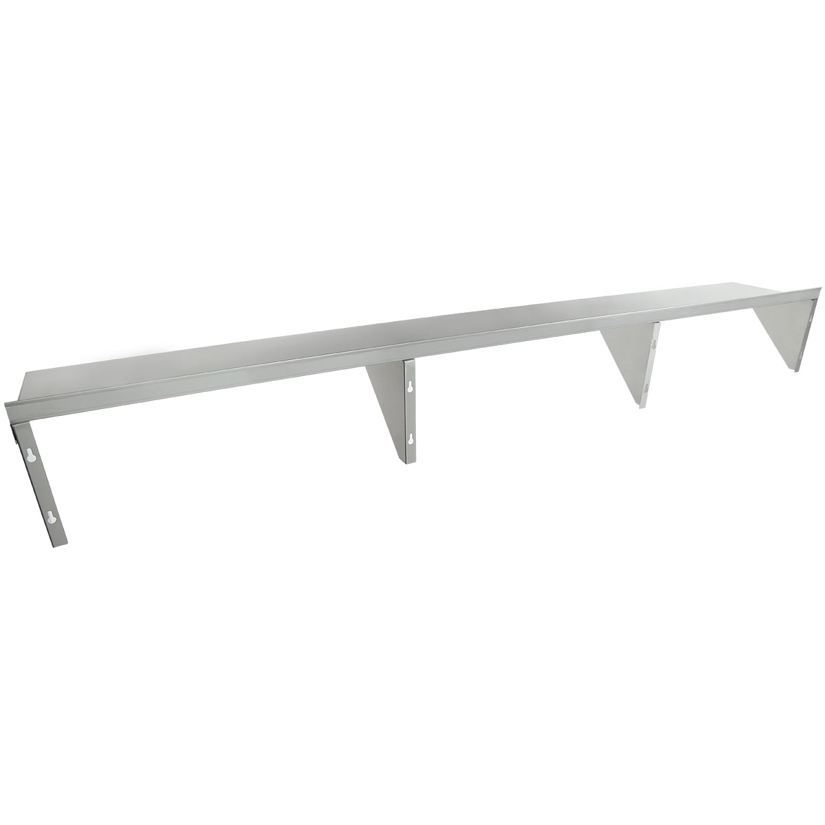 A long, silver stainless steel shelf with three angular support brackets is evenly spaced underneath. This minimalist, industrial wall mount storage shelf features visible screw holes on each NSF-certified bracket and a smooth, flat surface against a plain white background.
