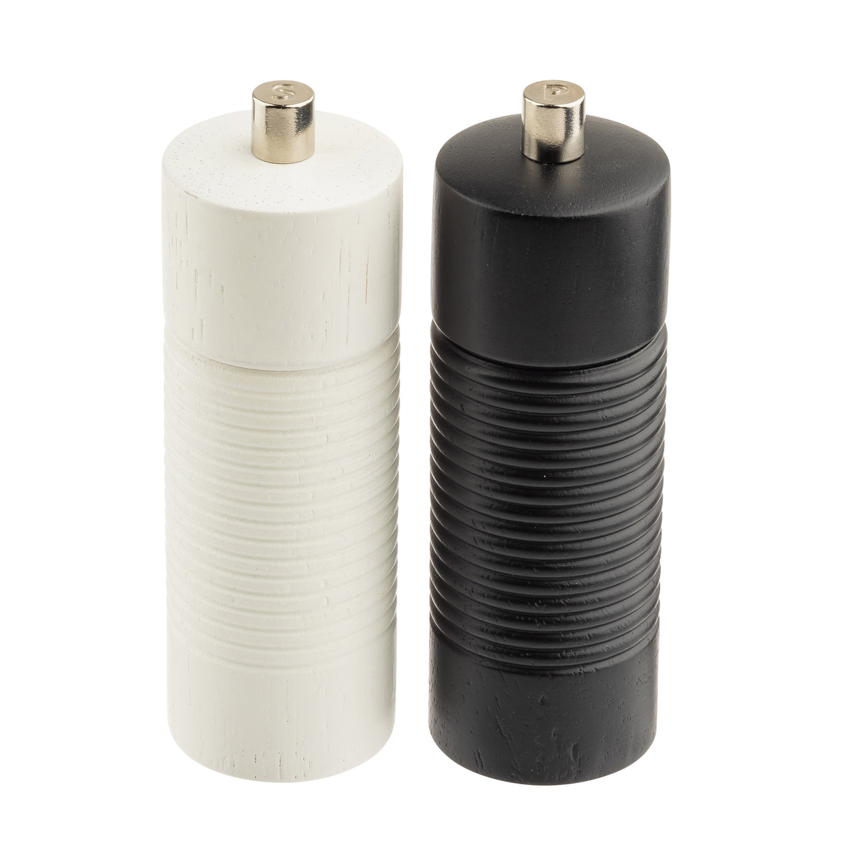 Two cylindrical grinders from the Salt & Pepper Mill Set stand side by side on a white background. The left has a smooth, textured white body; the right, a black ribbed finish. Both feature metallic knobs, reflecting classic TableCraft Products style.