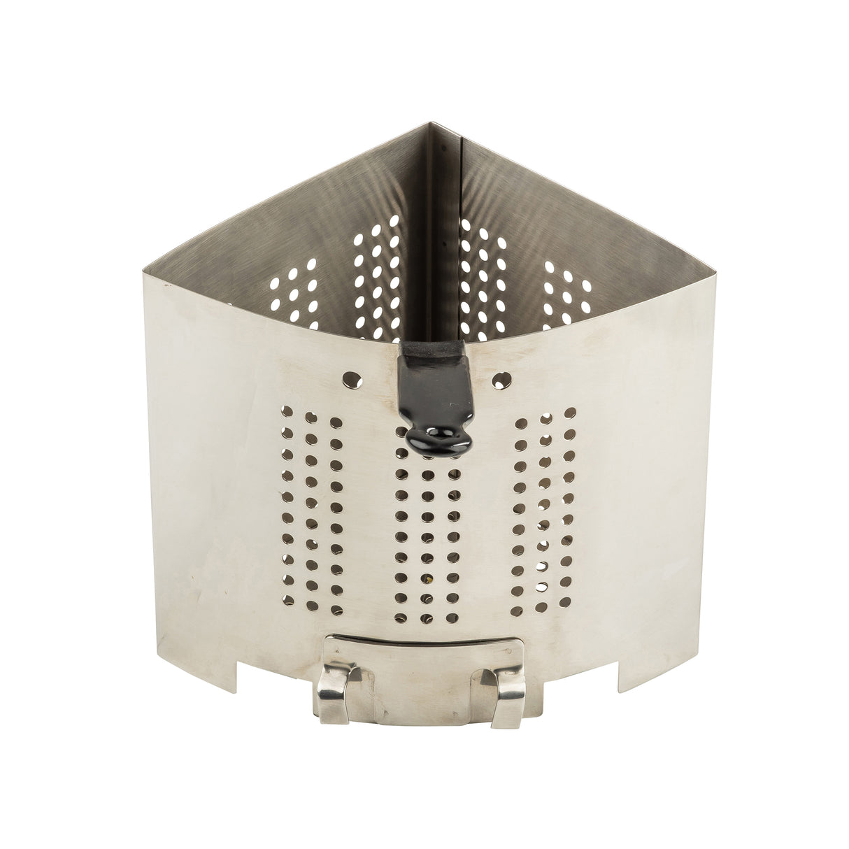 A metal, V-shaped pasta cooker insert with perforated holes and a black plastic handle is shown. The stainless steel basket by TableCraft Products has two metal clips at the bottom for attaching to a pot or cooker. The background is plain white.
