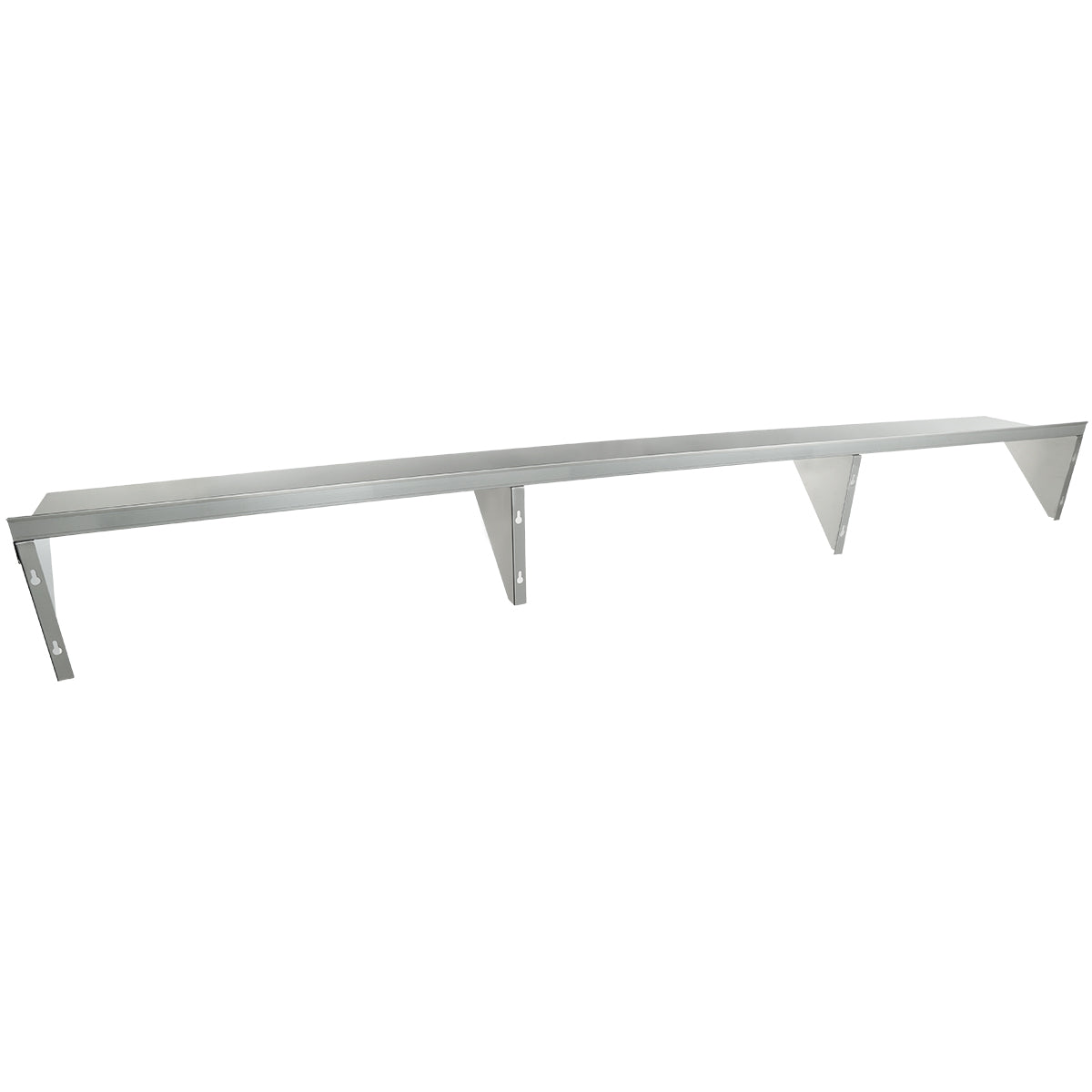 A long, rectangular stainless steel shelf with three supporting triangular brackets evenly spaced underneath. The NSF wall mount storage shelf features a simple, industrial design and is mounted against a plain white background.