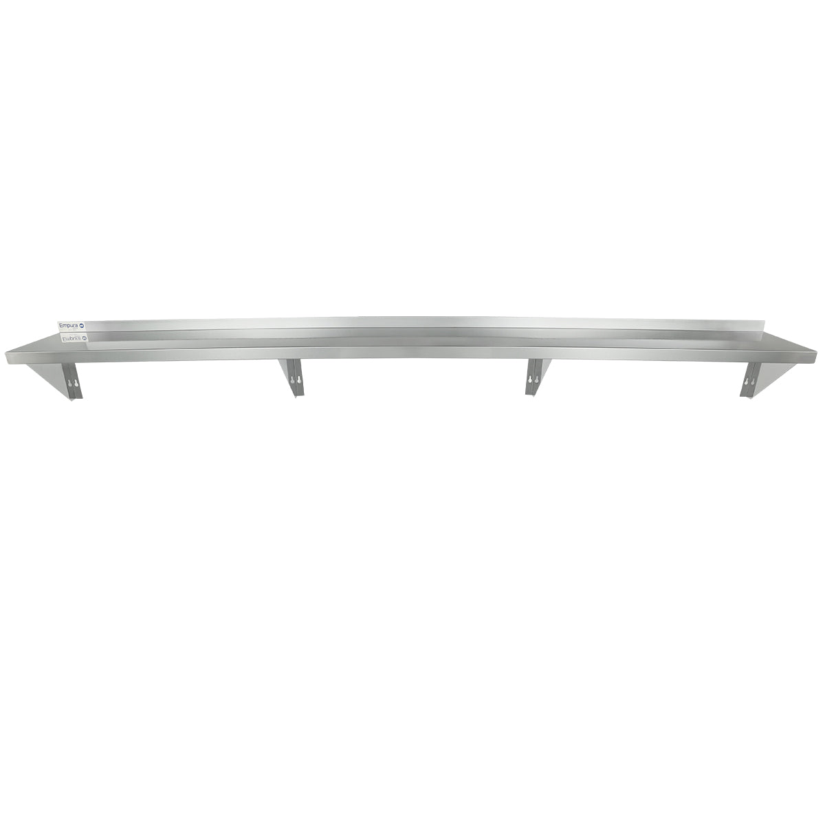 A long, NSF-certified stainless steel shelf with a raised back edge and four supporting brackets is mounted against a plain white background. The sturdy wall mount storage shelf has an industrial look, perfect for storage or display.