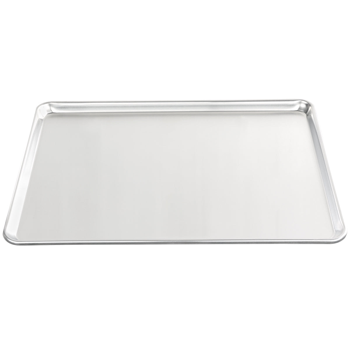 A large rectangular bun sheet pan with slightly raised edges on all sides, shown on a white background. The sheet is clean, shiny, and crafted from heavy duty aluminum for durability and reliability in any kitchen.