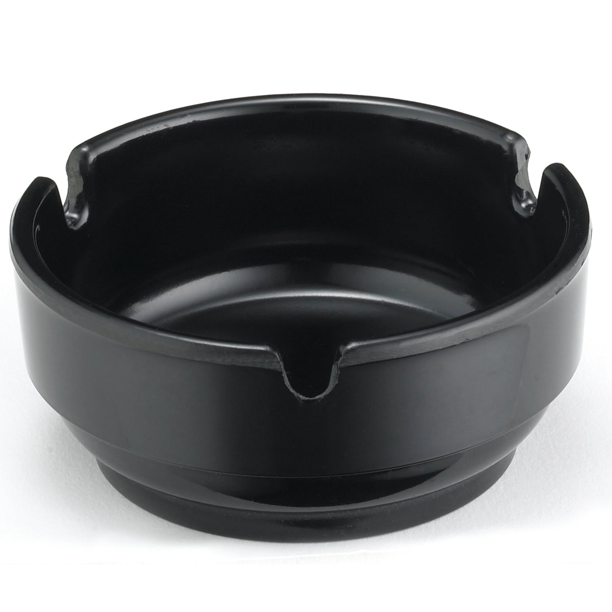 A glossy black phenolic ashtray with three evenly spaced notches on the rim for resting cigarettes, sitting on a white background. This circular, dishwasher safe ashtray features a slightly raised base for added stability.