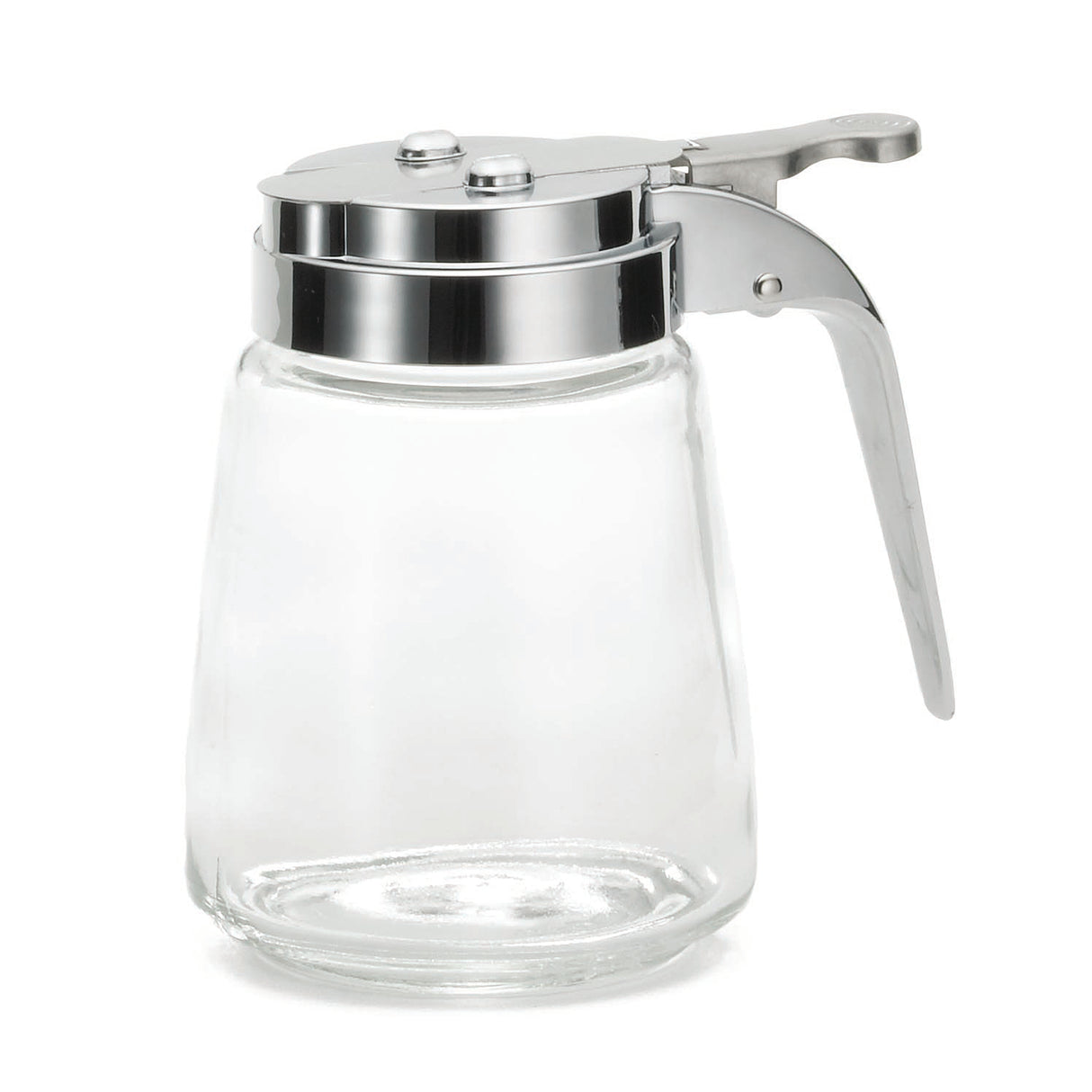 A modern glass dispenser with a wide base and chrome plated lid features a lever handle for easy pouring. The empty dispenser is set against a white background and is dishwasher safe for effortless cleaning.