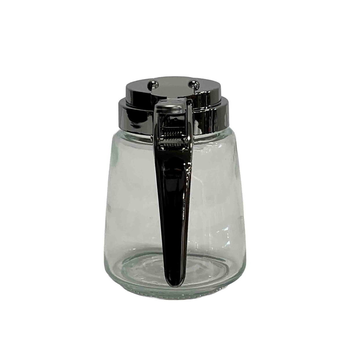 A Modern Glass Dispenser with a cylindrical shape, wide base, and shiny chrome plated lid. The metal lever handle and spout have a reflective finish. Dishwasher safe, this empty dispenser sits on a white background.