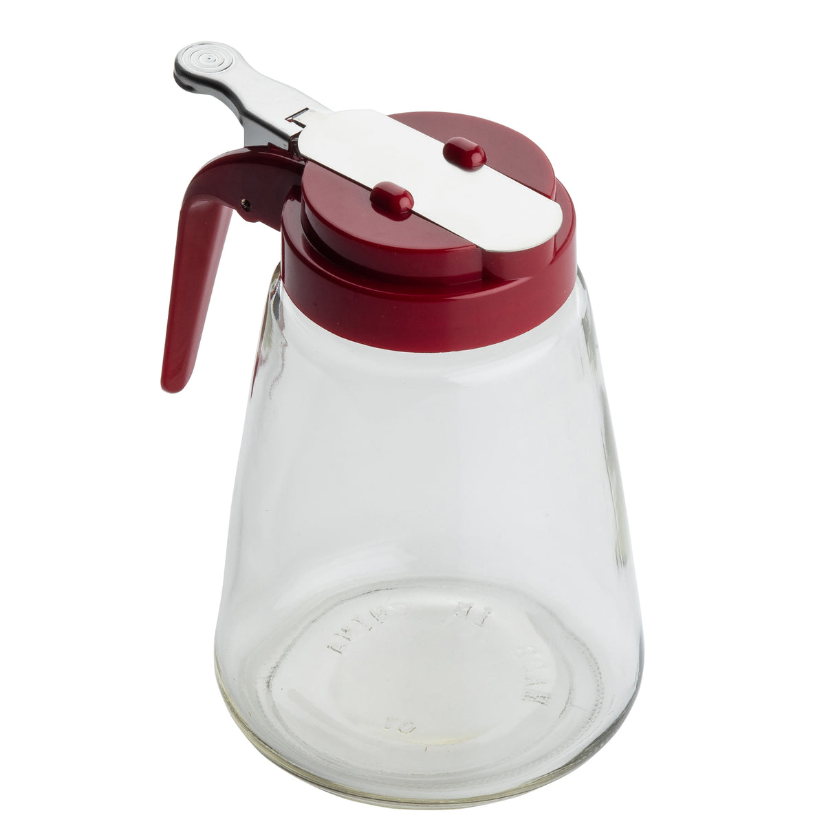 A clear glass dispenser with a wide base features a red ABS top and a silver metal lever handle for easy pouring. The lid secures with a metal clasp, and its simple, functional design is both attractive and dishwasher safe.