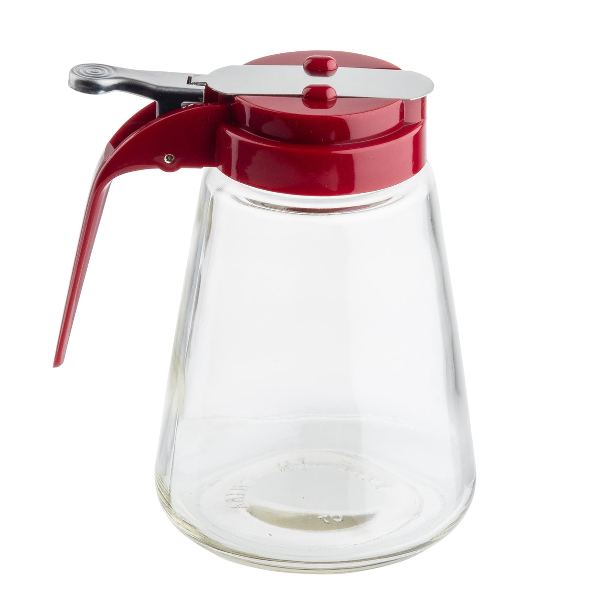 A clear glass dispenser with a red ABS top and silver metal lever for easy pouring. Its tapered shape widens at the bottom, and the container is empty. This stylish dispenser sits on a white background and is dishwasher safe.