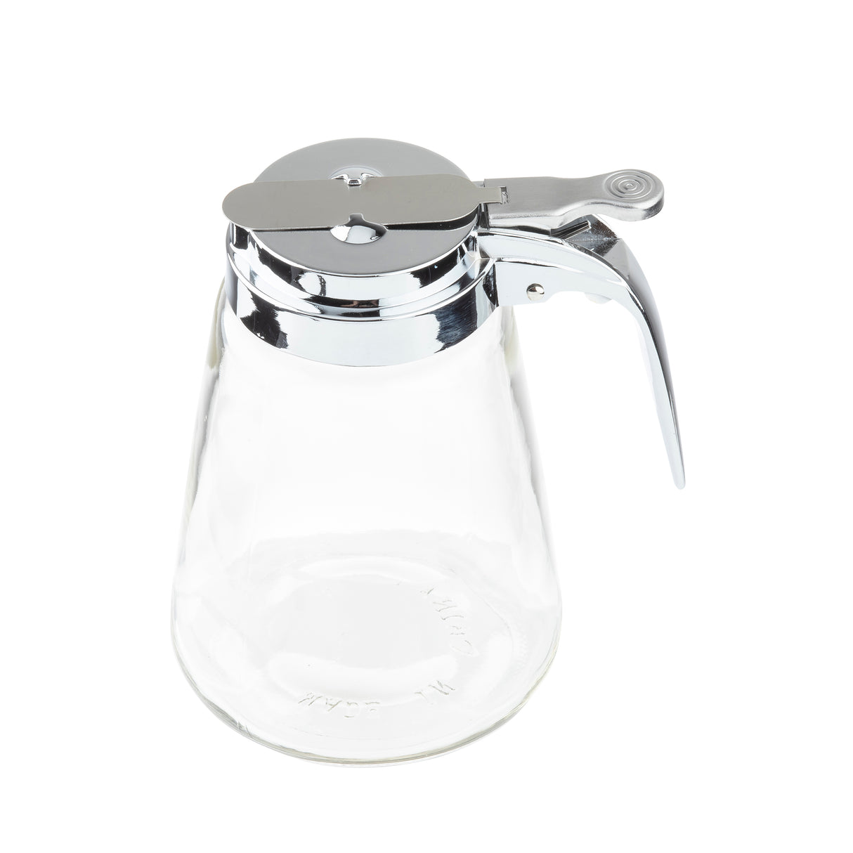 A clear glass dispenser with a wide base and a chrome plated top by TableCraft. The silver lever handle is attached to the metal lid, making pouring easy. The background is plain white.