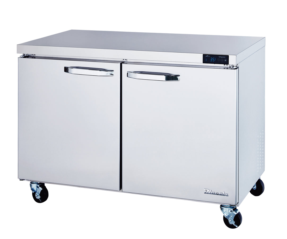 A commercial two-section refrigerator with stainless steel finish features two doors, a flat top, and four caster wheels. The right side includes a digital control panel and ventilation slots. The brand logo appears bottom right.