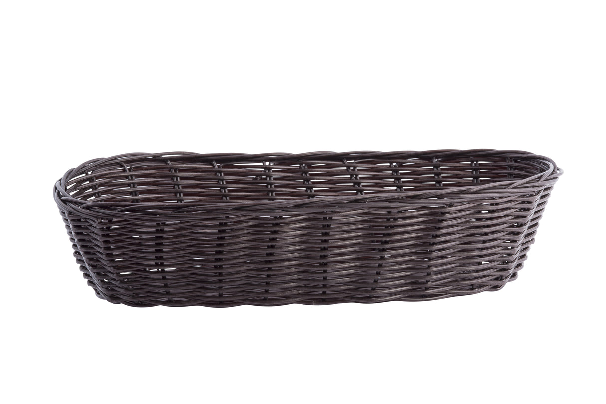 A dark brown, oval-shaped hand-woven basket is shown on a white background. Featuring an open weave pattern and a slightly raised, braided rim, this rustic and handcrafted-looking basket is empty.