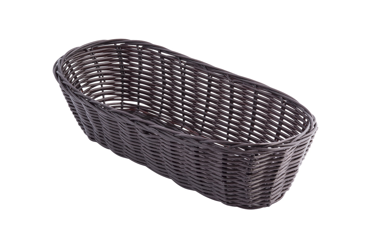 A dark brown, oval-shaped hand-woven basket with an open top and visible weaving patterns, crafted from polypropylene. Shown on a white background and photographed at a slight angle from above, the basket appears empty.