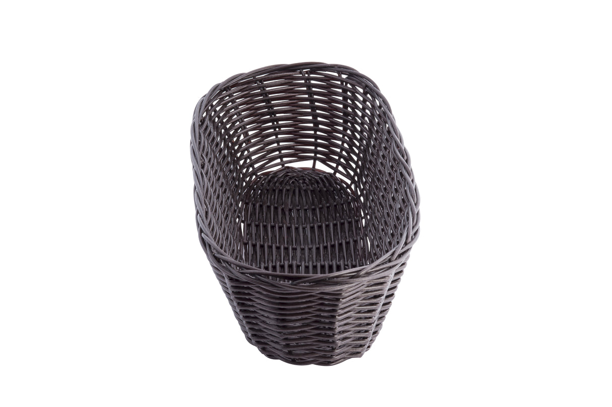 A dark brown, oval-shaped polypropylene basket with a hand-woven pattern, viewed from above on a white background. The basket has open sides and a solid, tightly-woven base.
