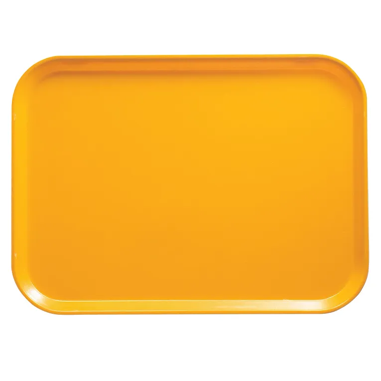 A rectangular, bright yellow Cambro Camtray serving tray, 14 x 18 inches, with rounded corners and slightly raised edges, set against a plain white background. The glossy surface is empty and catches the light beautifully.