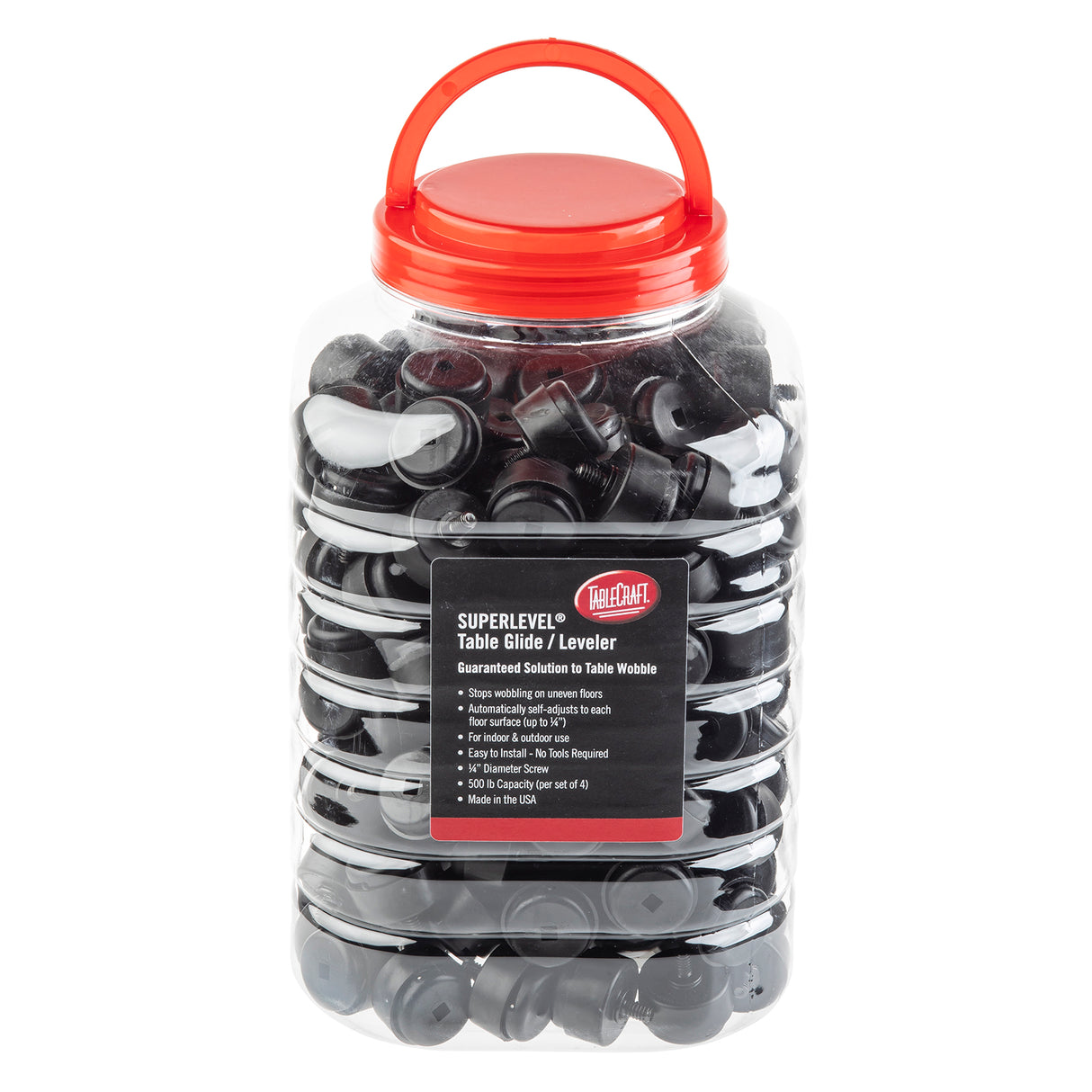 A clear Cash & Carry Display Jar with a red lid and handle, filled with table glides or levelers. The label reads SUPERLEVEL Table Glide/Leveler, highlighting 500 lb. capacity and product benefits in white and yellow text.