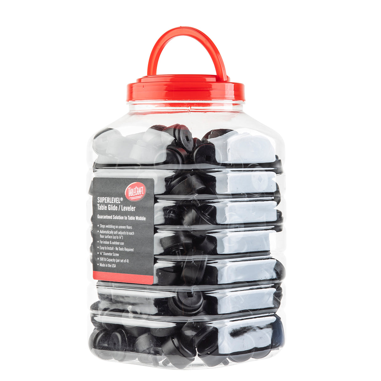 A large clear Cash & Carry Display Jar with a red handle, filled with black table glides or levelers. A black and red label reads “SUPERLEVEL Table Glide/Leveler 500 lb. capacity” with product information in white text.