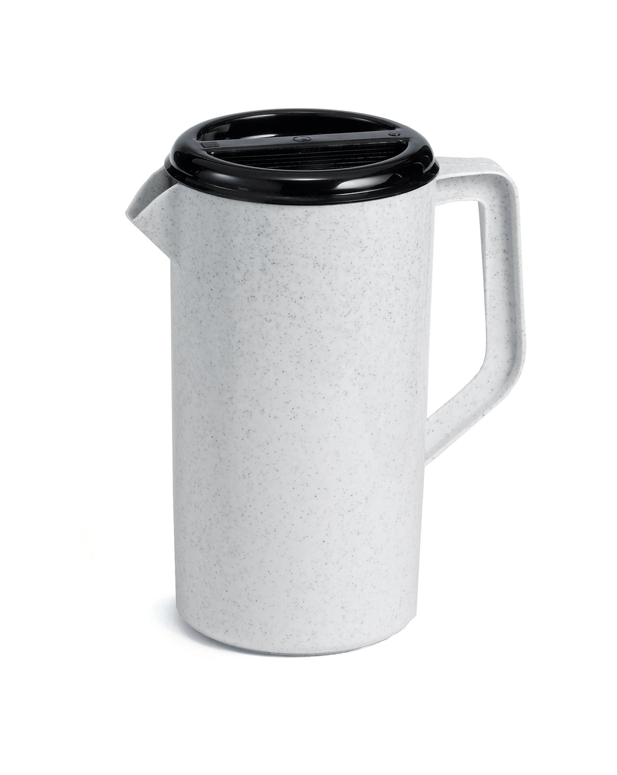 A speckled white BPA free plastic pitcher with a handle and black lid. The pitcher has a spout for easy pouring, and the lid fits securely on top. Dishwasher safe, it’s set against a white background.
