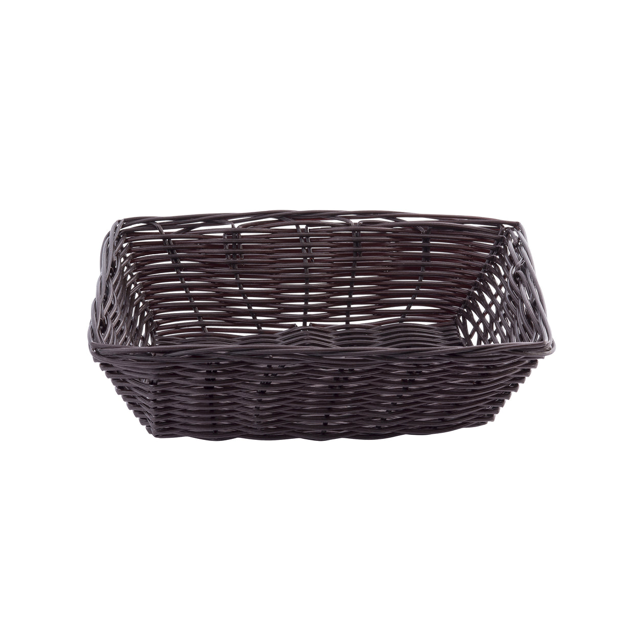 A rectangular, dark brown hand-woven wicker basket with an open top and no handles, featuring a woven pattern and slightly raised edges, set against a plain white background.