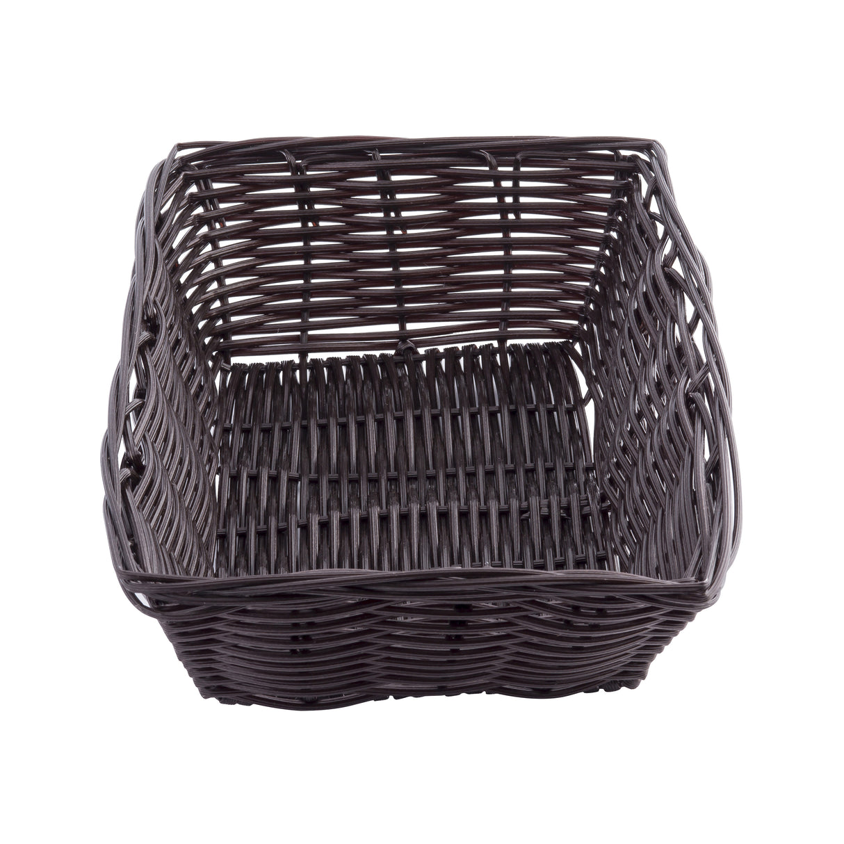 A square, empty hand-woven basket made of dark brown polypropylene is shown against a white background. The basket has slightly curved edges and an open top, with visible gaps between the woven strands.