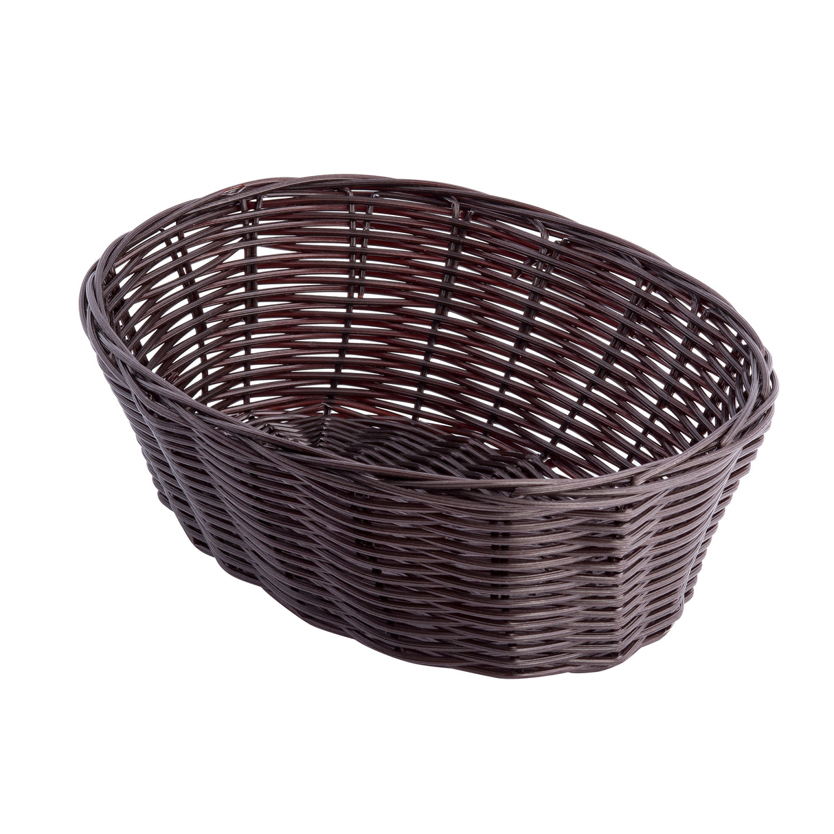 A dark brown, hand-woven polypropylene basket with an open top and interwoven pattern is shown on a white background. The oval-shaped basket is empty and features a sturdy, thick rim—ideal for holding bread, fruits, or small household items.