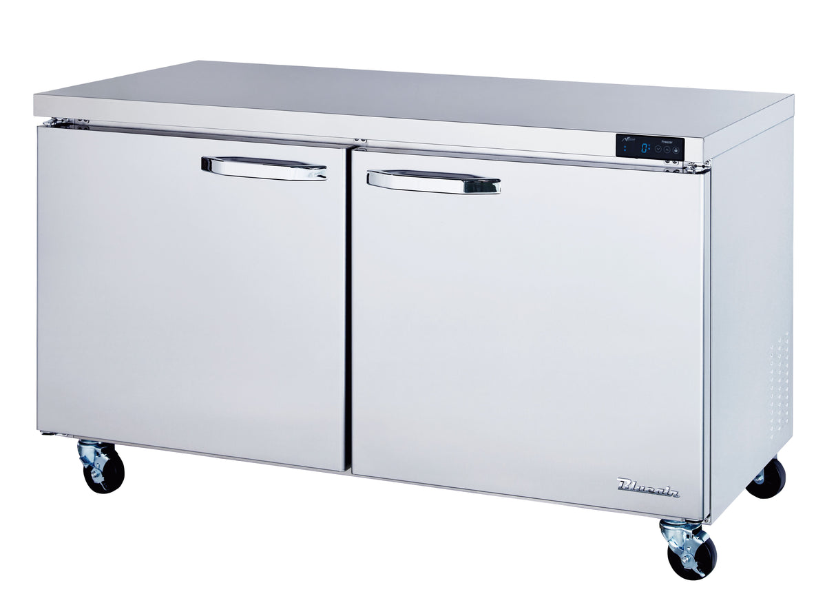 A large stainless steel two-section freezer with side-by-side doors, horizontal handles, digital control panel on the right, and four caster wheels for mobility. The flat top surface and polished finish add style to this commercial stainless steel freezer.