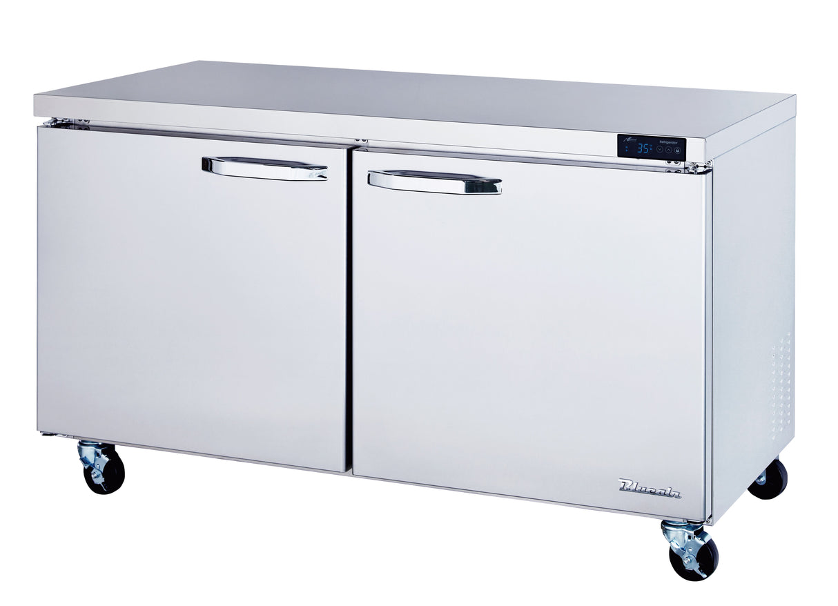 A clean, modern commercial stainless steel refrigerator on wheels with double doors, horizontal handles, and a digital temperature display. This ENERGY STAR refrigerator is ideal for kitchens or food service settings seeking efficiency and style.