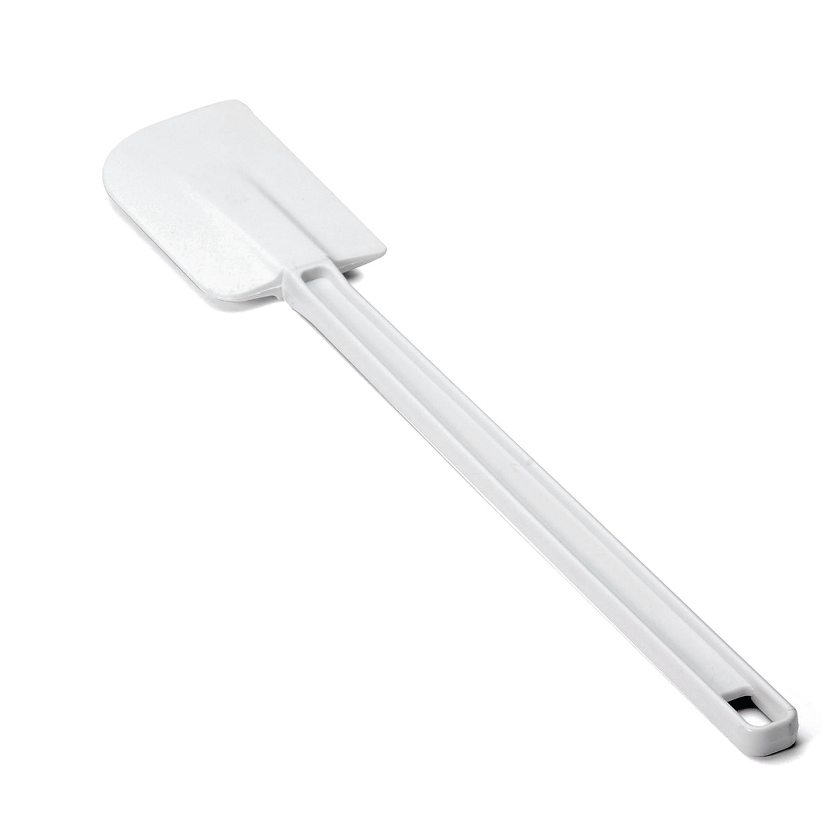 A BPA free, heat resistant white plastic spatula with a long handle and a flat, rectangular, slightly curved blade, positioned diagonally on a white background. The handle has a small hole at the end for hanging.