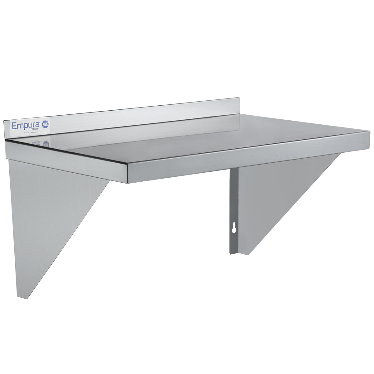 A stainless steel shelf with NSF certification, this wall mount storage shelf features two triangular support brackets, a short backsplash, and a shiny, reflective surface. The minimalist and industrial design includes an Empura label on the left side.