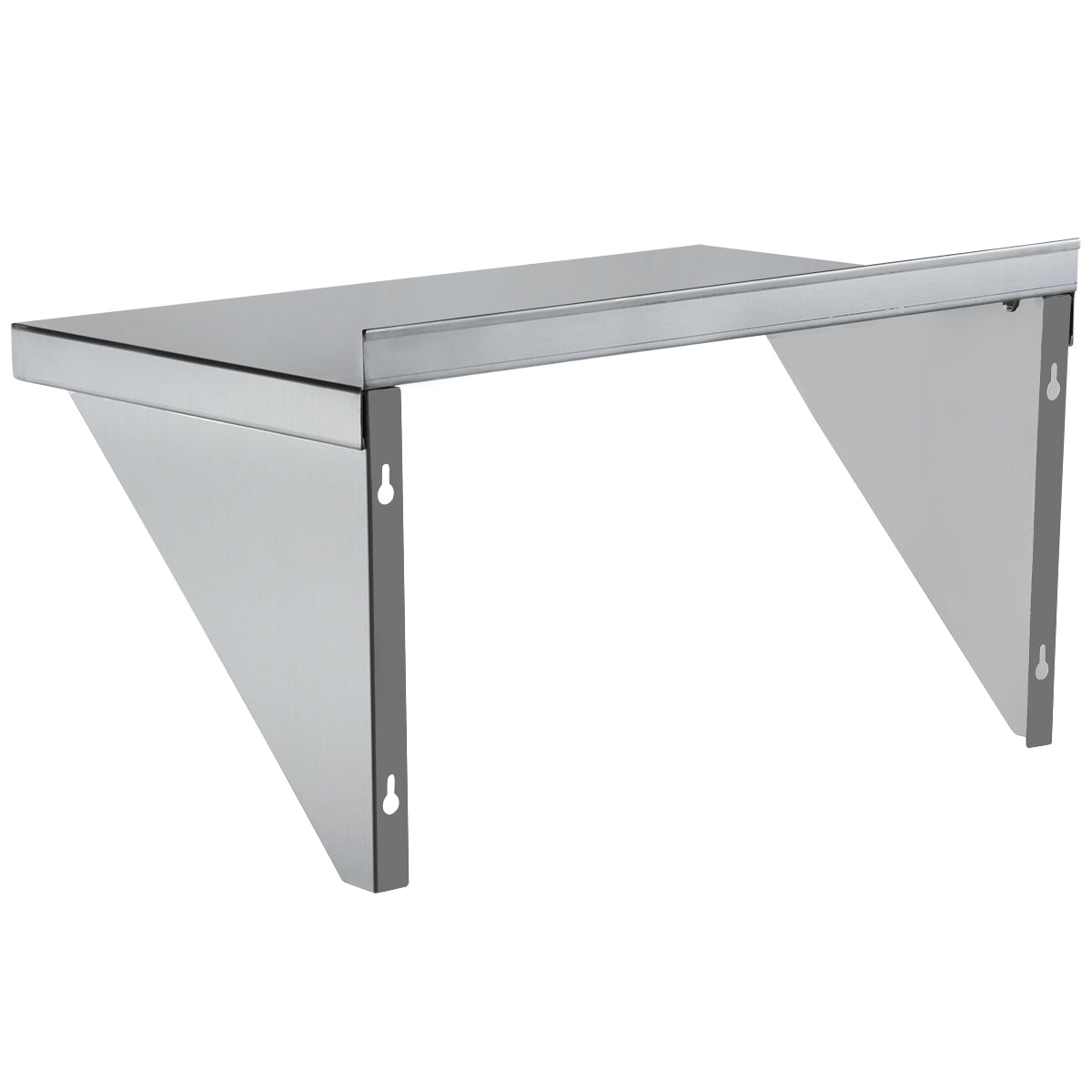 A wall-mounted NSF stainless steel shelf with a flat rectangular surface and two angled triangular support brackets underneath, each with two mounting holes for secure wall attachment. This wall mount storage shelf offers a modern, industrial appearance.