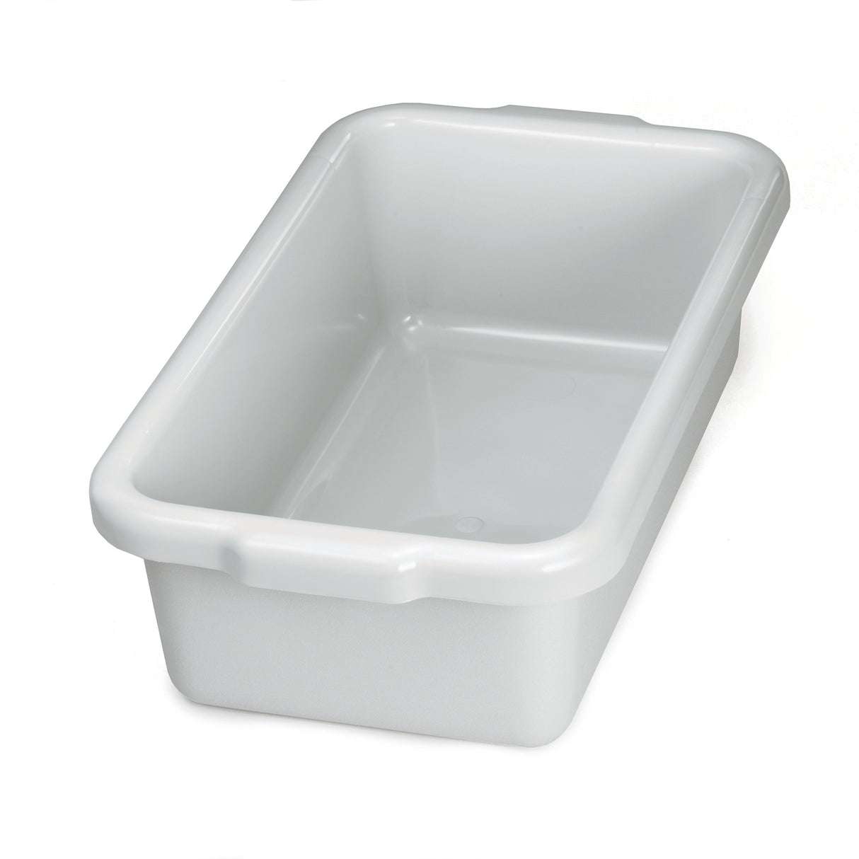 A rectangular, white high density polyethylene tub with rounded edges and a thick, raised rim. This stackable undercounter box is empty and clean, with smooth inner surfaces and shallow depth, suitable for holding or washing items. Photographed on white.